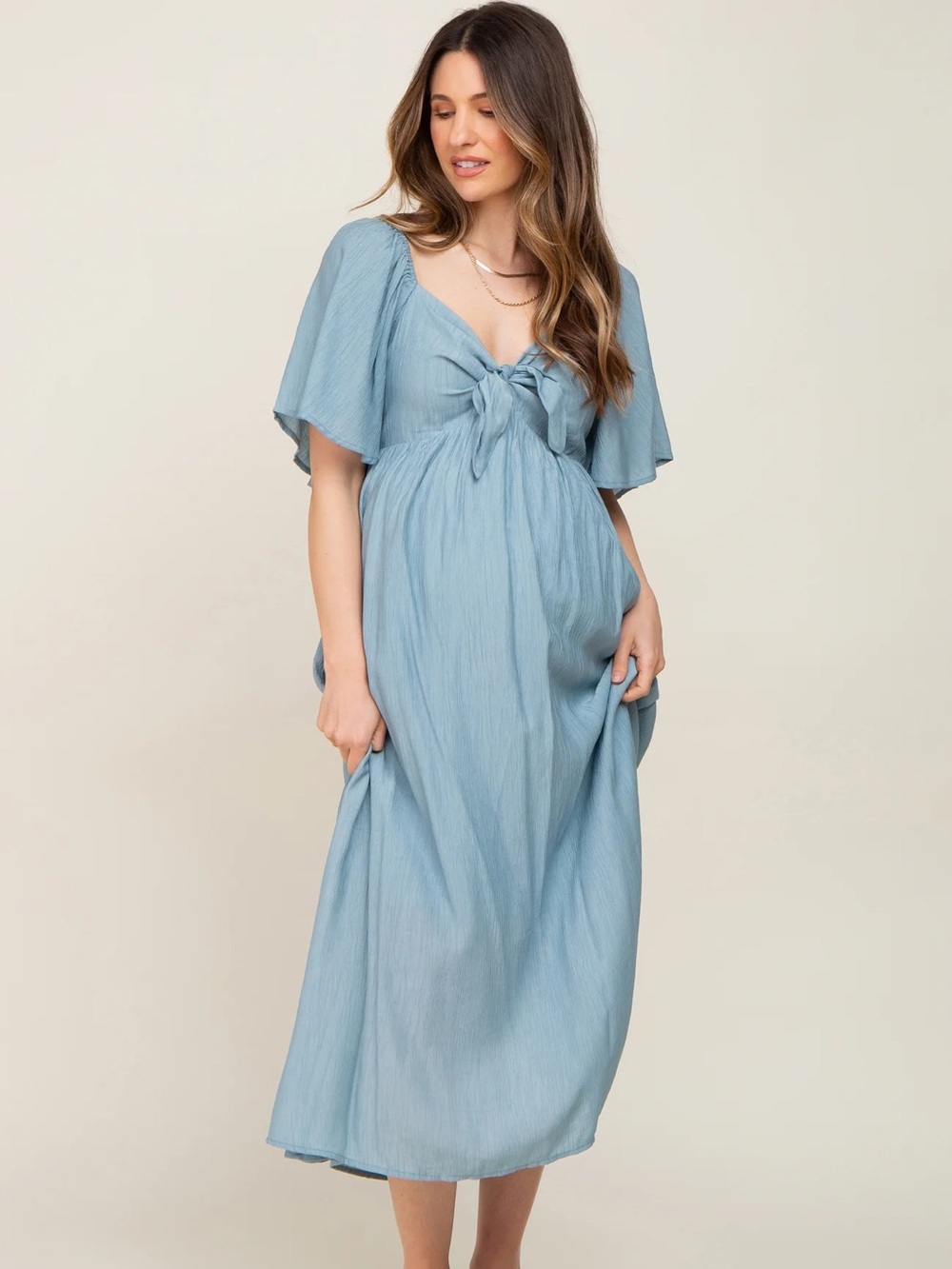 Blue Front Tie Ruffle Sleeve Maternity Midi Dress medium